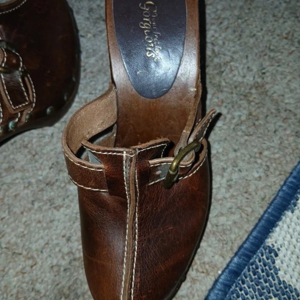Brown Leather Women’s Heeled Clog Mules - Picture 2 of 3